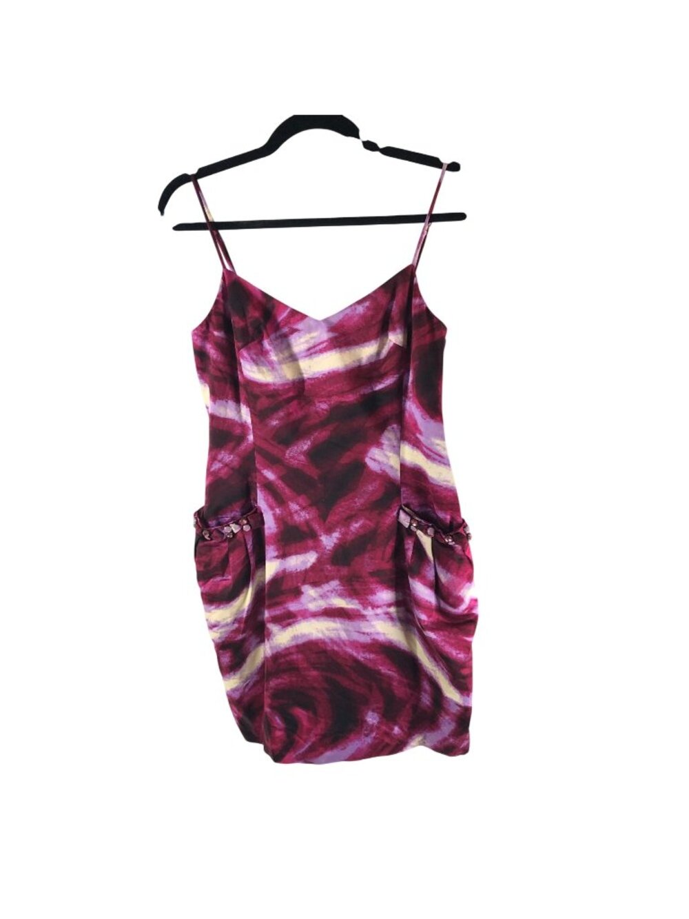 BCBG Max Azria Tie-Dye Spaghetti Strap Dress Pockets Rhinestones 6 Pink Purple